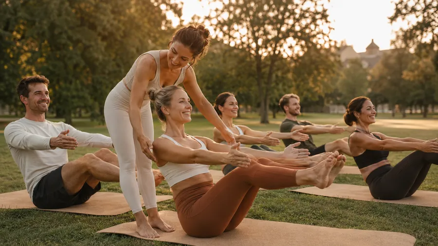 Une coach corrige la posture d'une participante pendant une séance de pilates en plein air, au soleil couchant