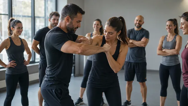 Un coach montre un geste de dégagement à une participante, le groupe regarde